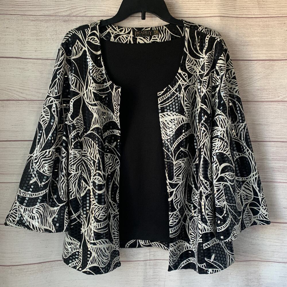 Picadilly Fashions Black and White Sequin Jacket Open Front 3/4 Sleeves Size XL